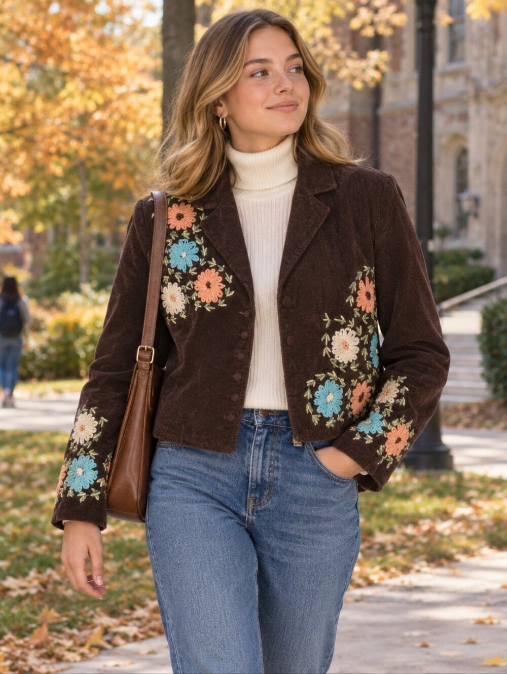 Persaman Cotton Velour Multicolor Yarn Embroidered Blazer Sz 6 Cocoa Brown Boho